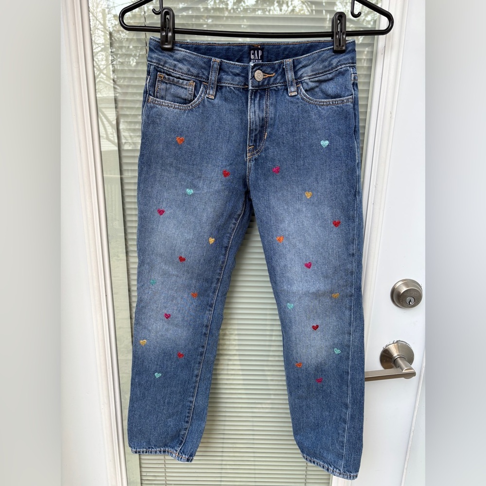 Gap Girls Girlfriend Jeans Sz 10 Adjustable Waist with Appliqué Hearts EUC